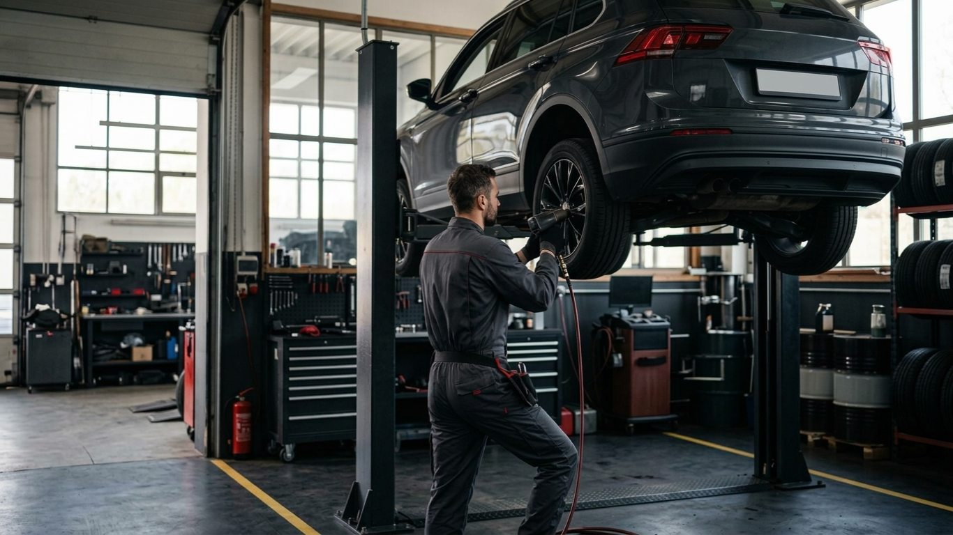 Imagem ilustrativa de um mecânico a trabalhar num automóvel elevado